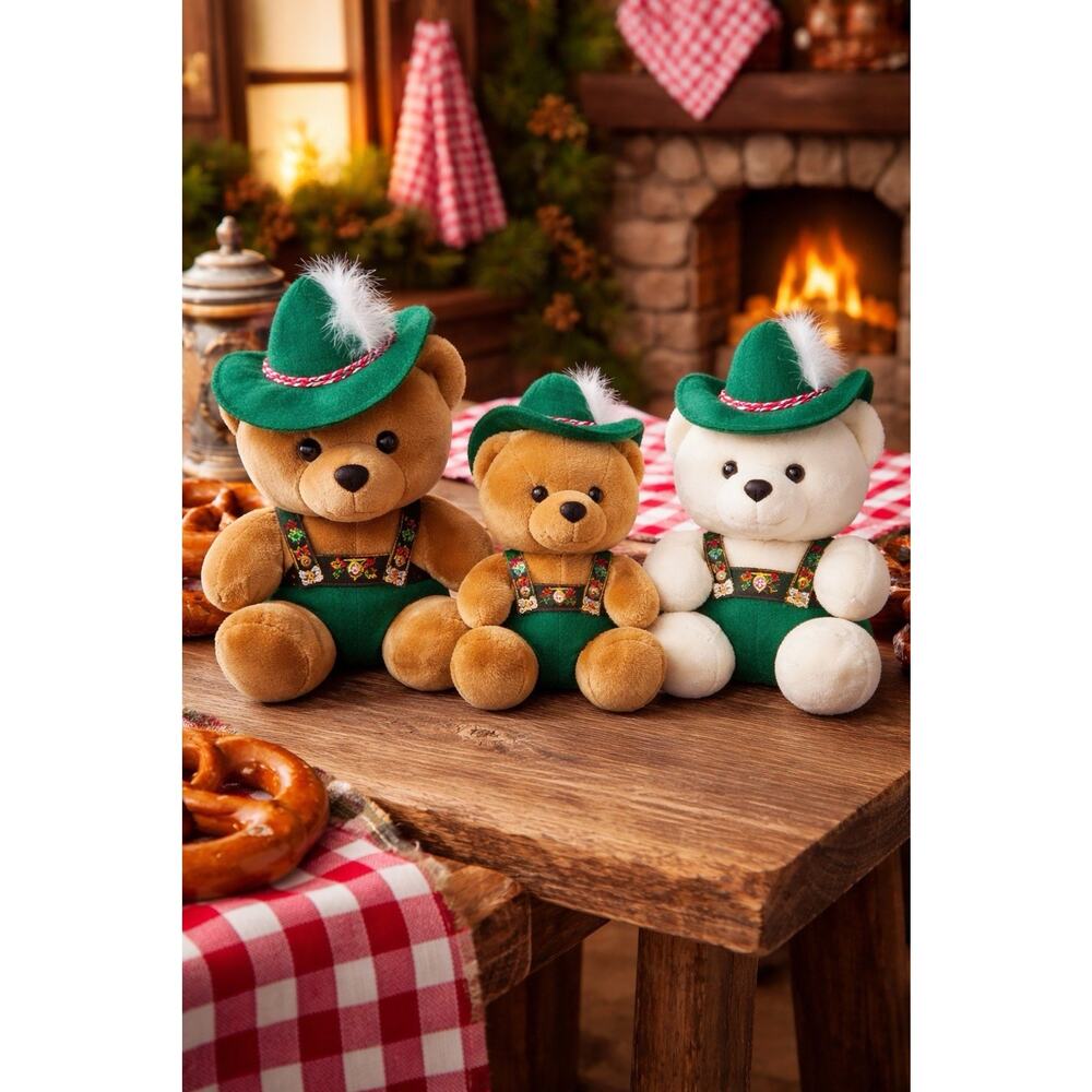 Vintage Shalom Toy Co Plush Teddy Bear Trio Alpine Outfit Hats Set of 3
